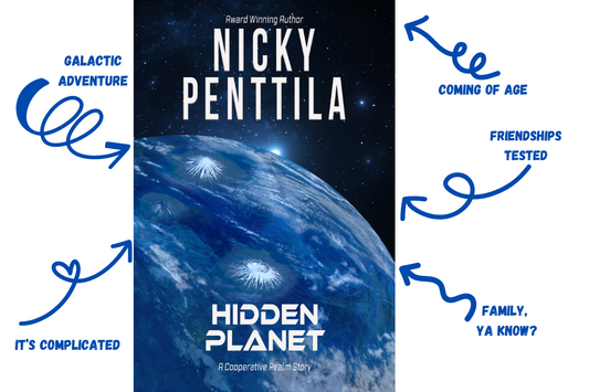 Cover of Hidden Planet with tropes marked: Galactic adventure, coming ot age, it's complicated, family ya know