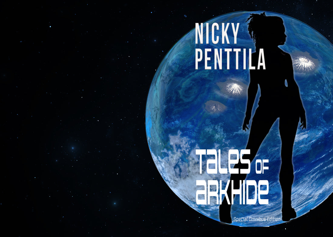 cover of Tales of Arkide, a silhouette of a tall woman in front of the outline of a very blue planet